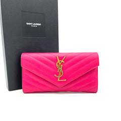 SAINT LAURENT Grain De Poudre Matelasse Chevron Monogram Flap Wallet Pink SAINT LAURENT Grain De Poudre Matelasse Chevron Monogram Flap Wallet Pink