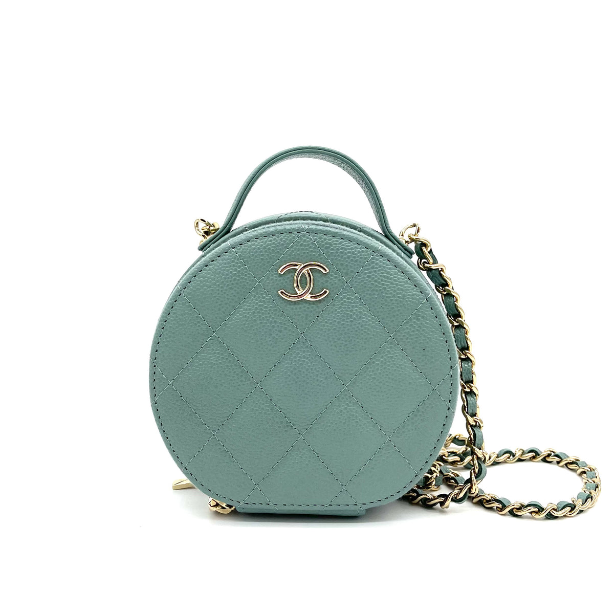 CHANEL Caviar Quilted Round Handle With Care Vanity With Chain Green