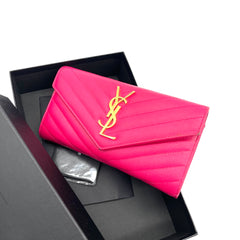 SAINT LAURENT Grain De Poudre Matelasse Chevron Monogram Flap Wallet Pink