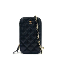 CHANEL Zip Around Phone Case Chain Shoulder Bag – Black Grained Calfskin CHANEL Zip Around Phone Case Chain Shoulder Bag – Black Grained Calfskin