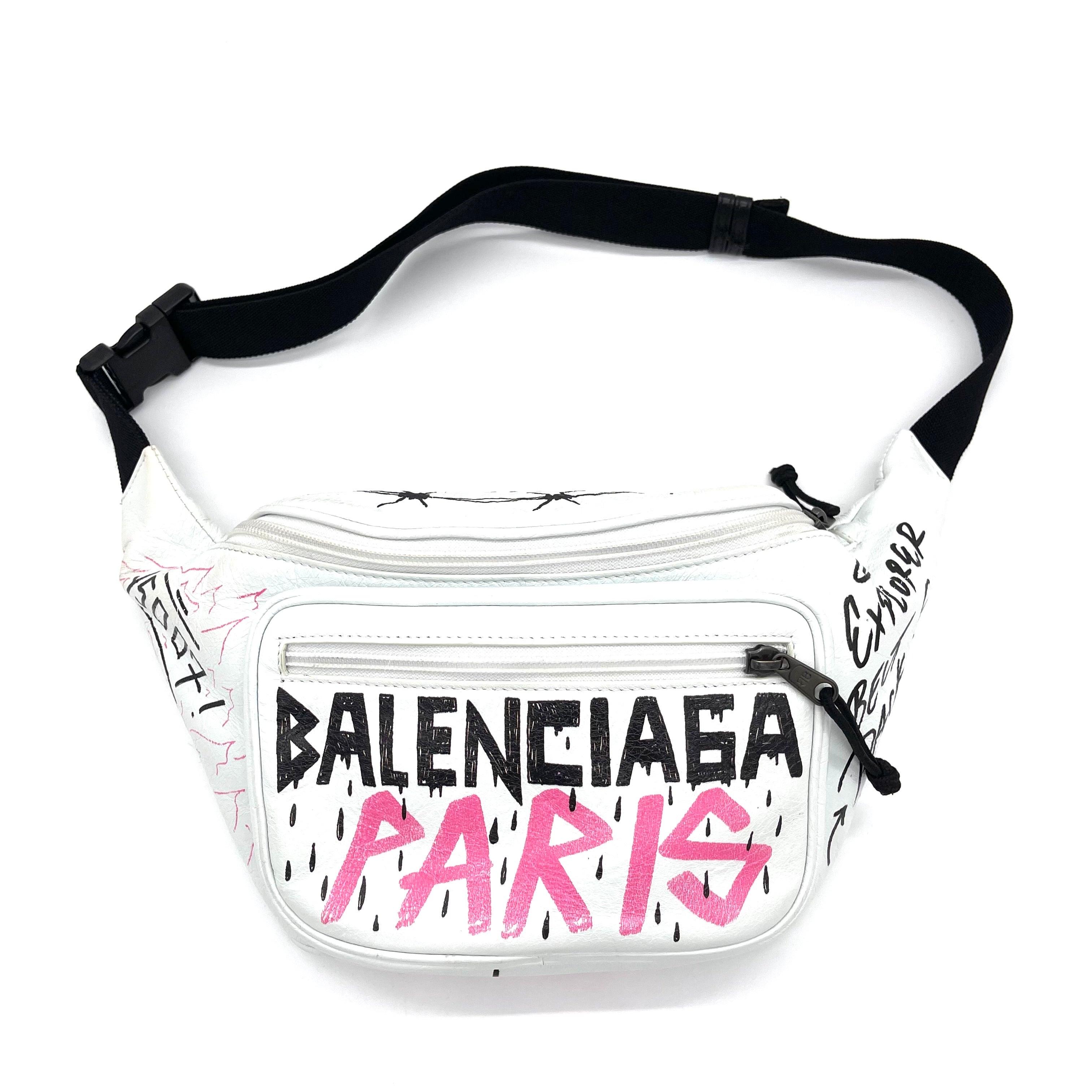 BALENCIAGA Agneau Souvenir XXS Paris Graffiti Belt Bag Black White 771677