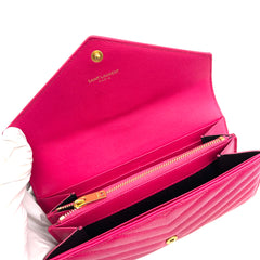 SAINT LAURENT Grain De Poudre Matelasse Chevron Monogram Flap Wallet Pink SAINT LAURENT Grain De Poudre Matelasse Chevron Monogram Flap Wallet Pink