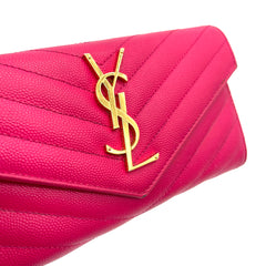 SAINT LAURENT Grain De Poudre Matelasse Chevron Monogram Flap Wallet Pink SAINT LAURENT Grain De Poudre Matelasse Chevron Monogram Flap Wallet Pink