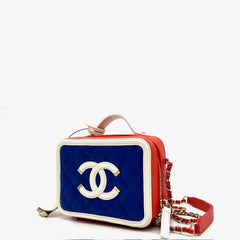 Chanel Caviar Quilted Small CC Filigree Vanity Case Blue White Red 2019 Chanel Caviar Quilted Small CC Filigree Vanity Case Blue White Red 2019