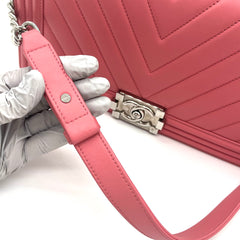 Chanel Lambskin Chevron Quilted Medium Boy Flap in Pink 2015-2016 Chanel Lambskin Chevron Quilted Medium Boy Flap in Pink 2015-2016