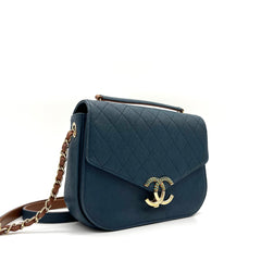 CHANEL Grained Calfskin Quilted Medium Cuba Top Handle Flap Blue 2017 CHANEL Grained Calfskin Quilted Medium Cuba Top Handle Flap Blue 2017
