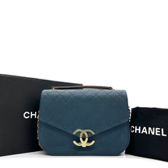 CHANEL Grained Calfskin Quilted Medium Cuba Top Handle Flap Blue 2017 CHANEL Grained Calfskin Quilted Medium Cuba Top Handle Flap Blue 2017