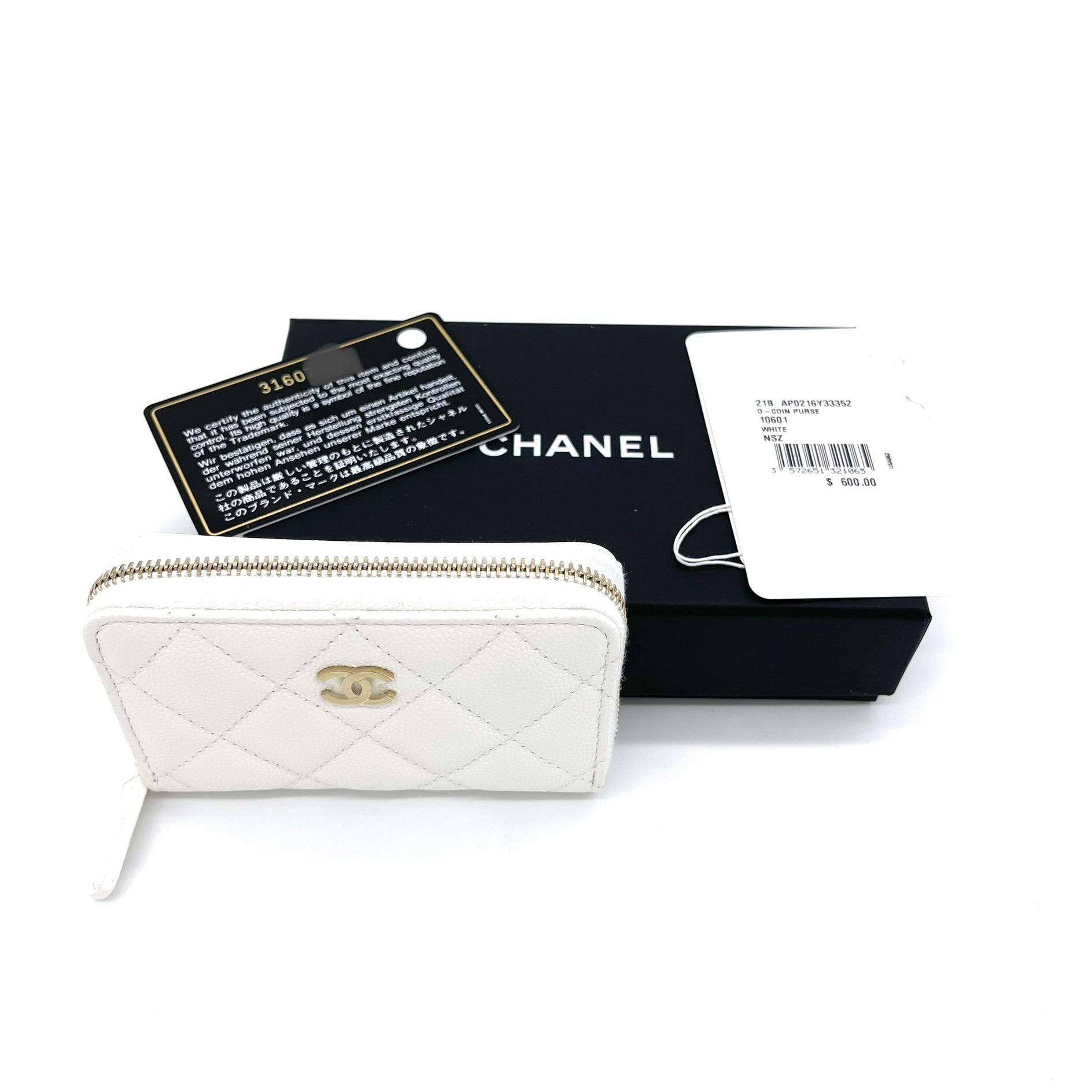 CHANEL Caviar Quilted Striated CC Zip Coin Purse White 1282002