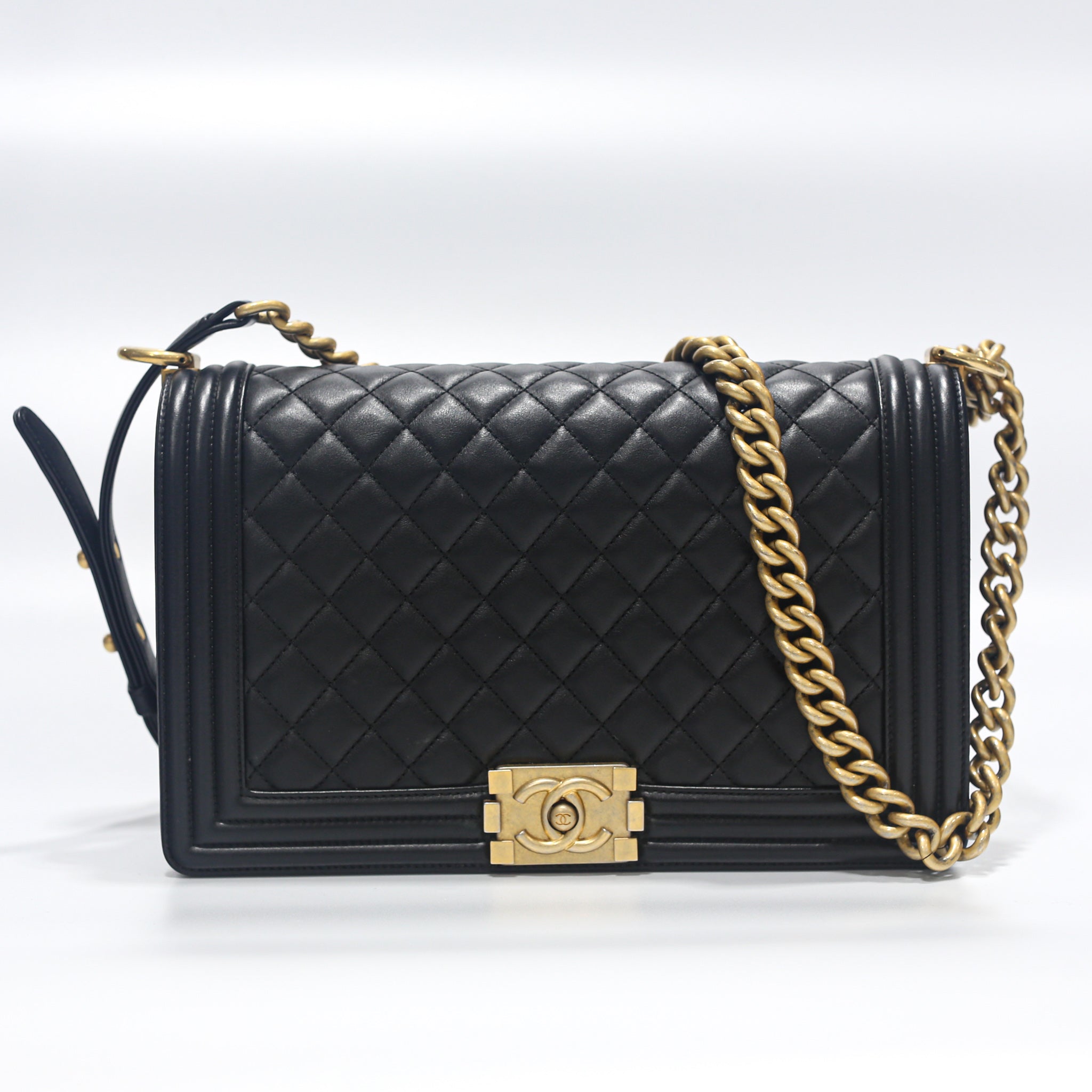 Chanel Womens Leather Chain Link Boy Tote Shoulder Handbag Black