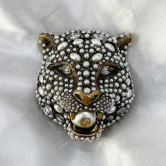Guaranteed Authentic Gucci Metallic Chunky Faux Pearl Felin Head Brooch w/out Pin (Head Only)