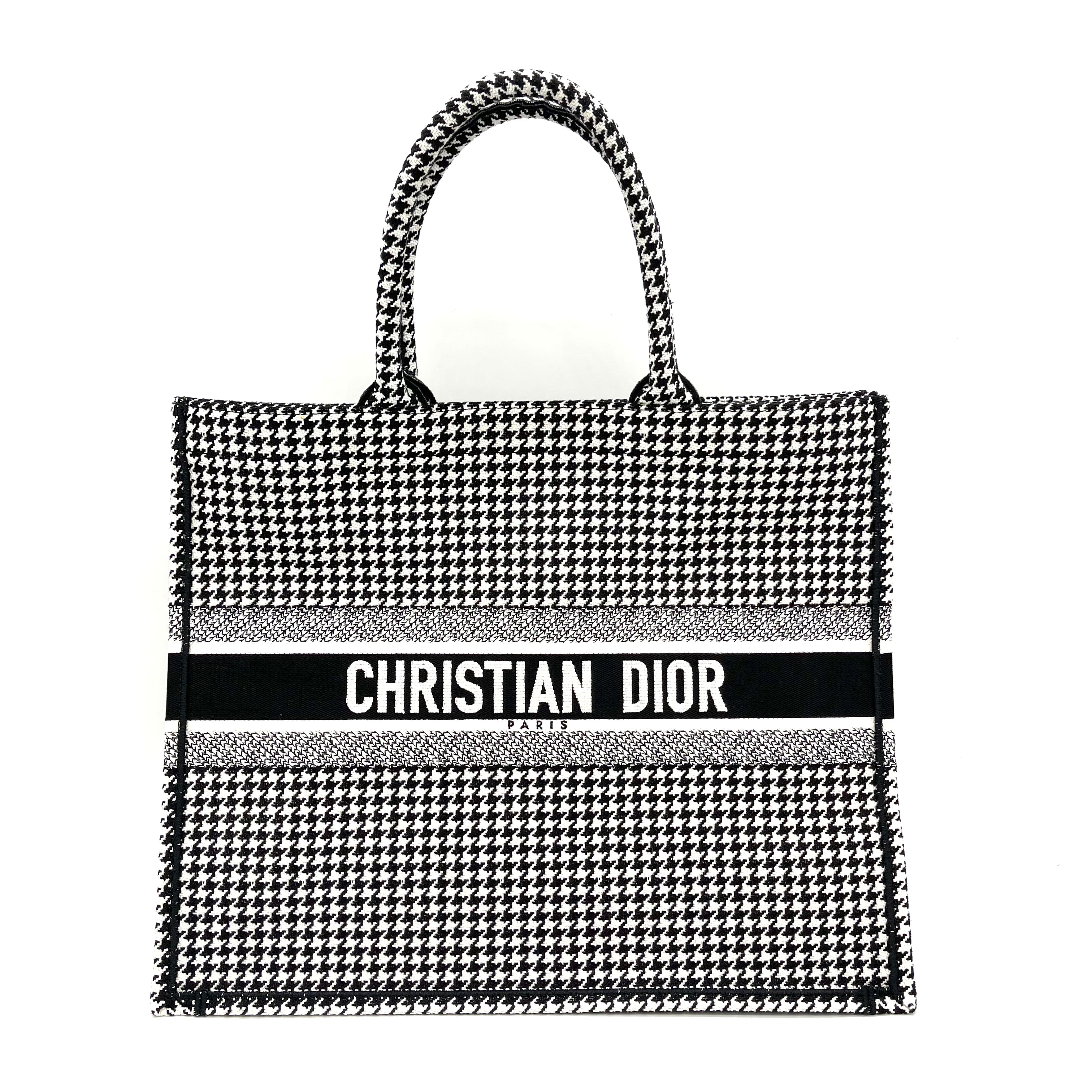 Brand New LARGE DIOR BOOK TOTE Black Macro Houndstooth Embroidery vetoben