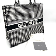 Brand New LARGE DIOR BOOK TOTE Black Macro Houndstooth Embroidery