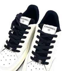 CHANEL Grained Calfskin Fabric Mens Logo Sneakers 41.5(US10.5) White Black