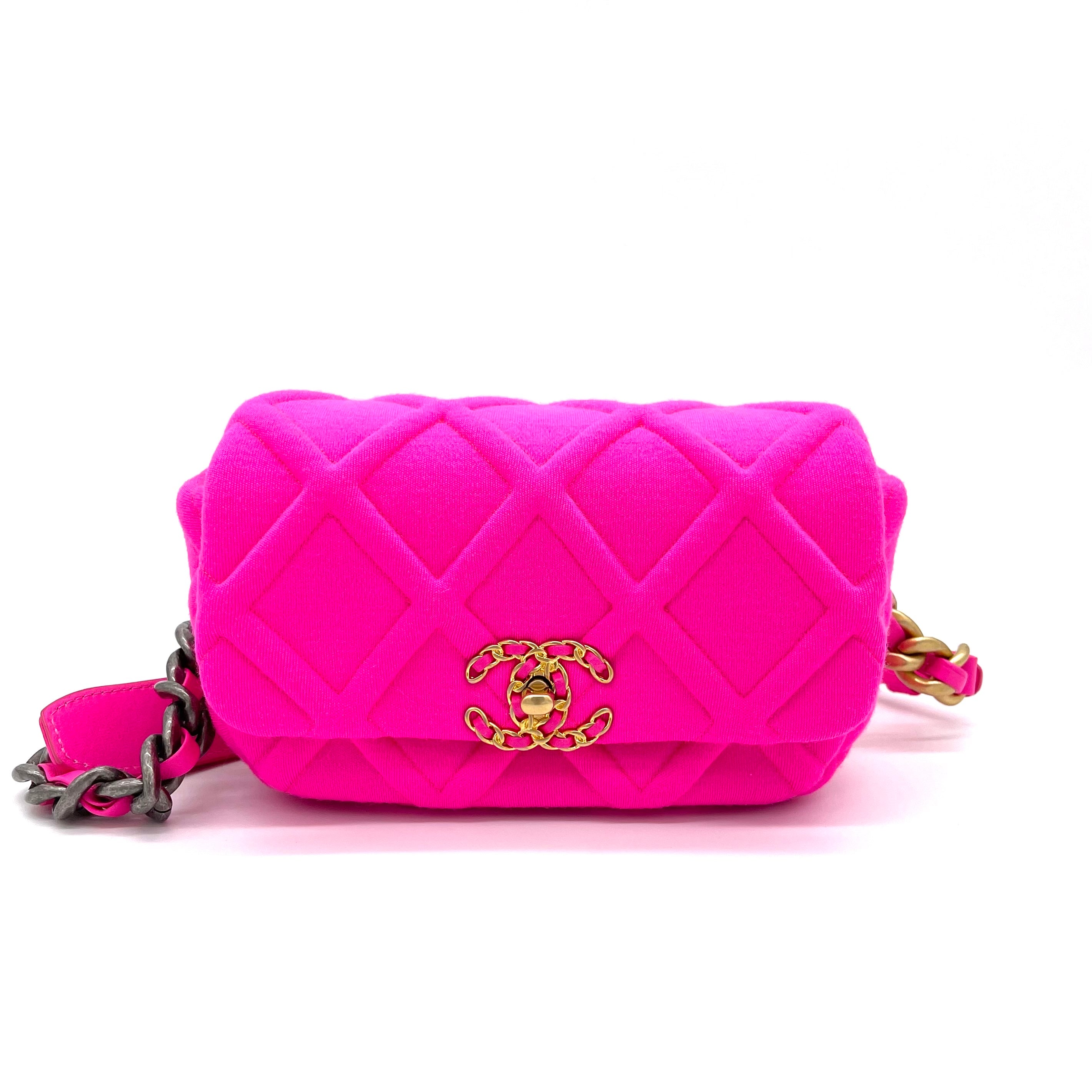 CHANEL Jersey Quilted Chanel 19 Waist Bag Pink –