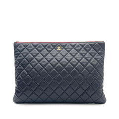 CHANEL O Case Large Clutch in Black Quilted Caviar Leather with Gold-Tone Hardware