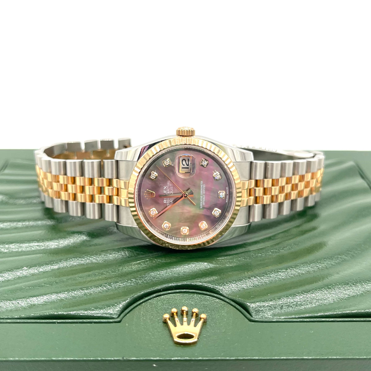 ROLEX Oyster Perpetual Datejust 36 Black Mother of Pearl Dial Stainless Steel and 18K Gold Jubilee Bracelet Automatic Watch Item No. 116231BKMDJ