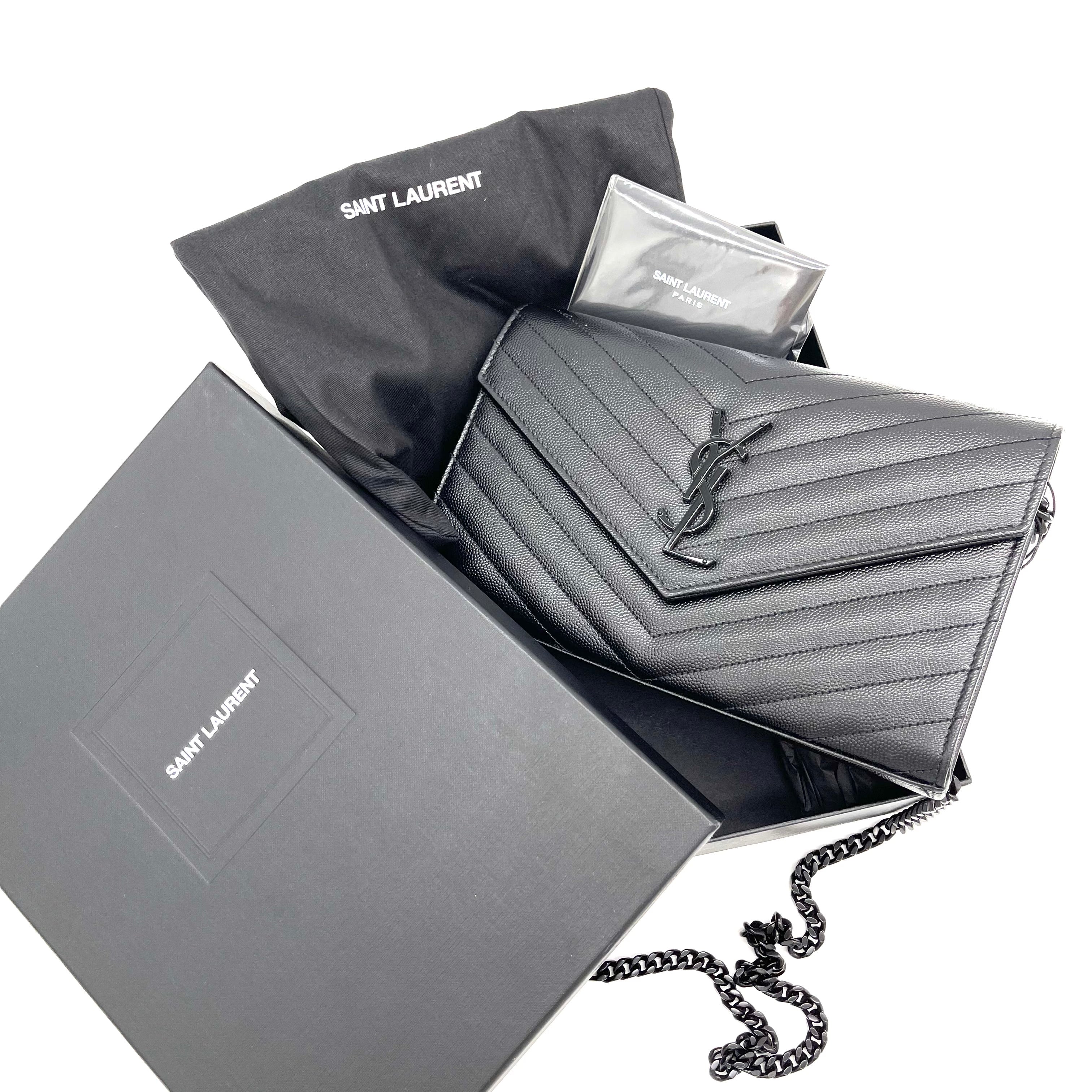 YVES SAINT LAURENT Chevron Leather Chain Wallet Shoulder Bag Silver