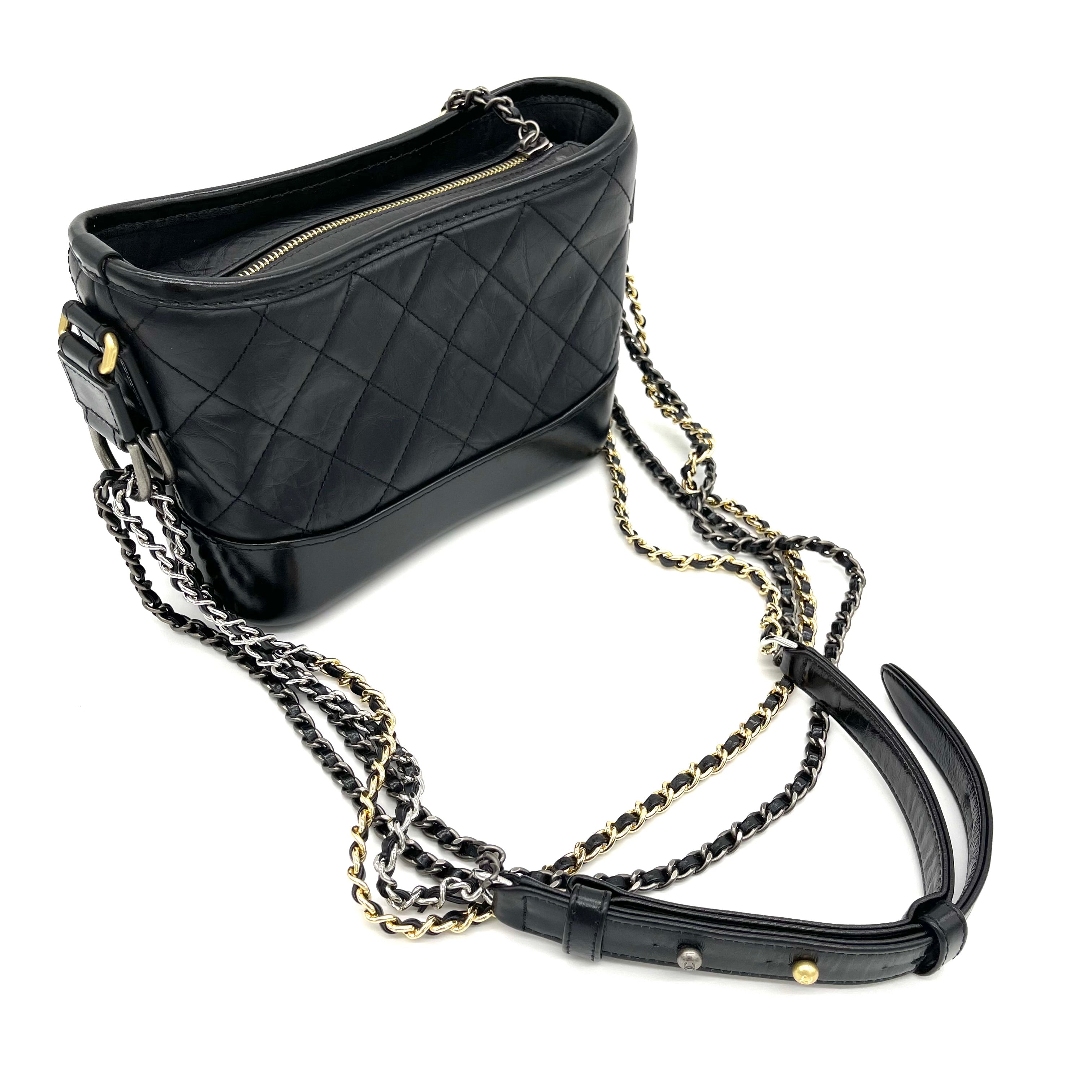 CHANEL Aged Calfskin Quilted Small Gabrielle Hobo Black White 1275546