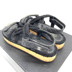 CHANEL Cord Lambskin Quilted Logo Sandals 38 Black #G34602