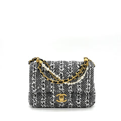 Chanel Mini Square Pearl Flap Bag Black and White Sequin Tweed Brushed Gold Hardware