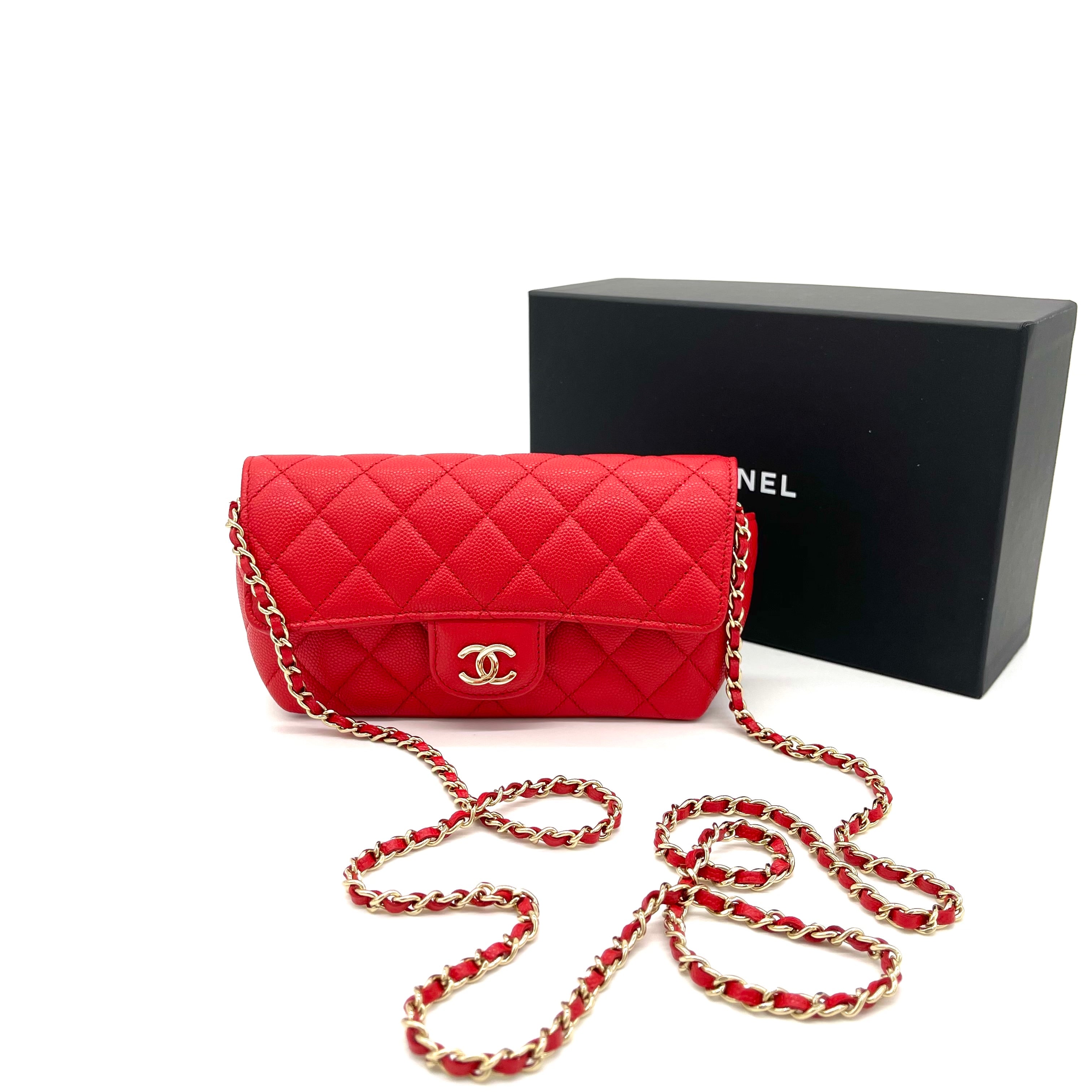 CHANEL Caviar Quilted Glasses Case With Chain Red | FASHIONPHILE