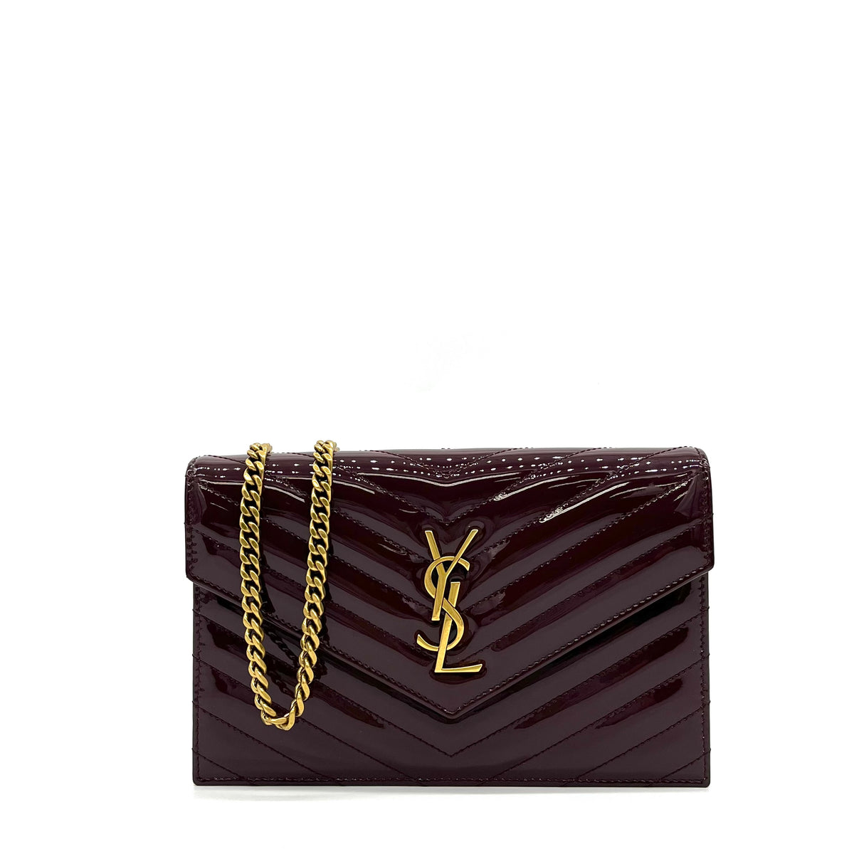 Saint Laurent YSL Envelope Wallet on Chain in Quilted Patent Leather