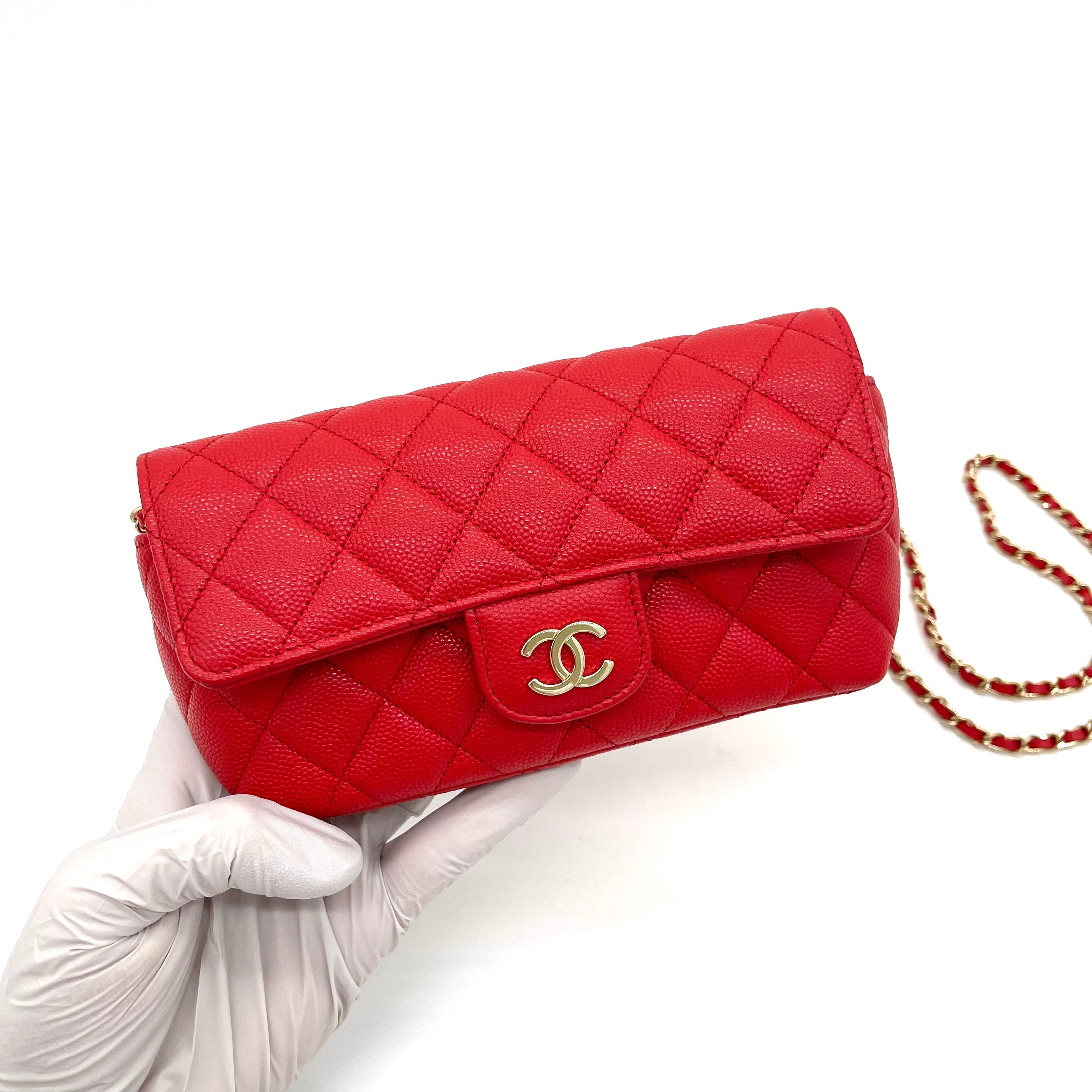 CHANEL Caviar Quilted Glasses Case With Chain Red
