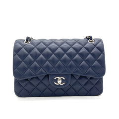 CHANEL Lambskin Quilted Jumbo Double Flap in Navy and Silver