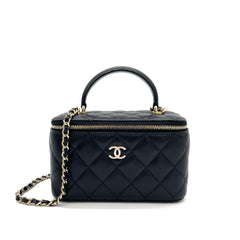 CHANEL Lambskin Quilted Small Top Handle Vanity Case with Chain – Black