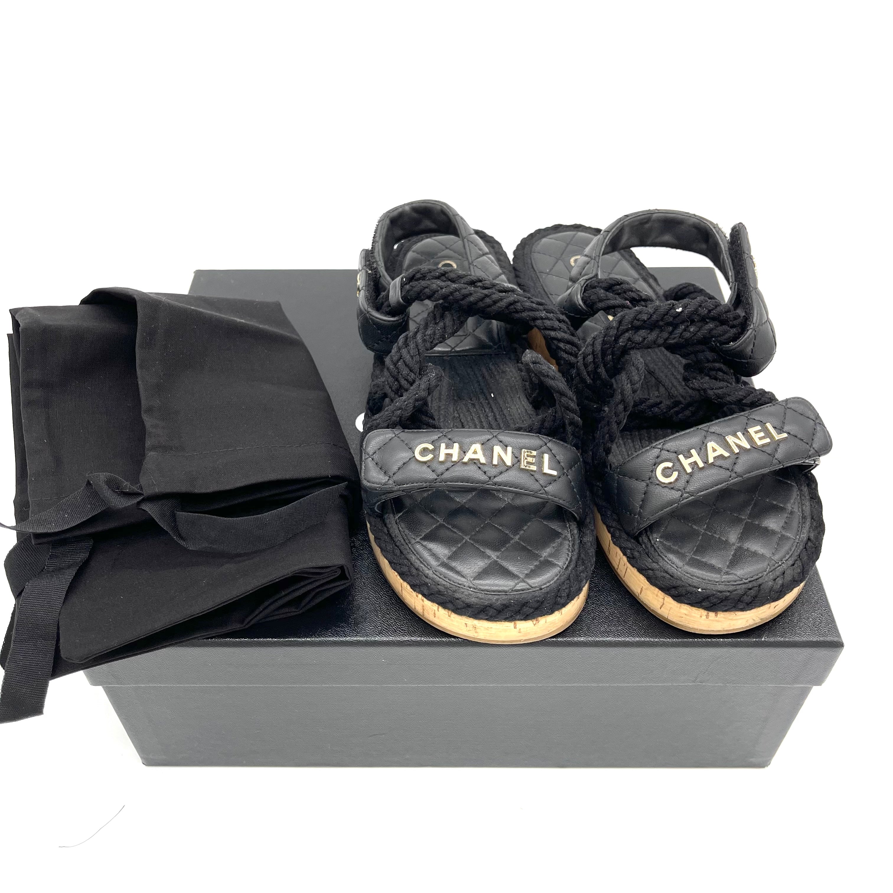CHANEL Cord Lambskin Quilted Logo Sandals 38 Black #G34602