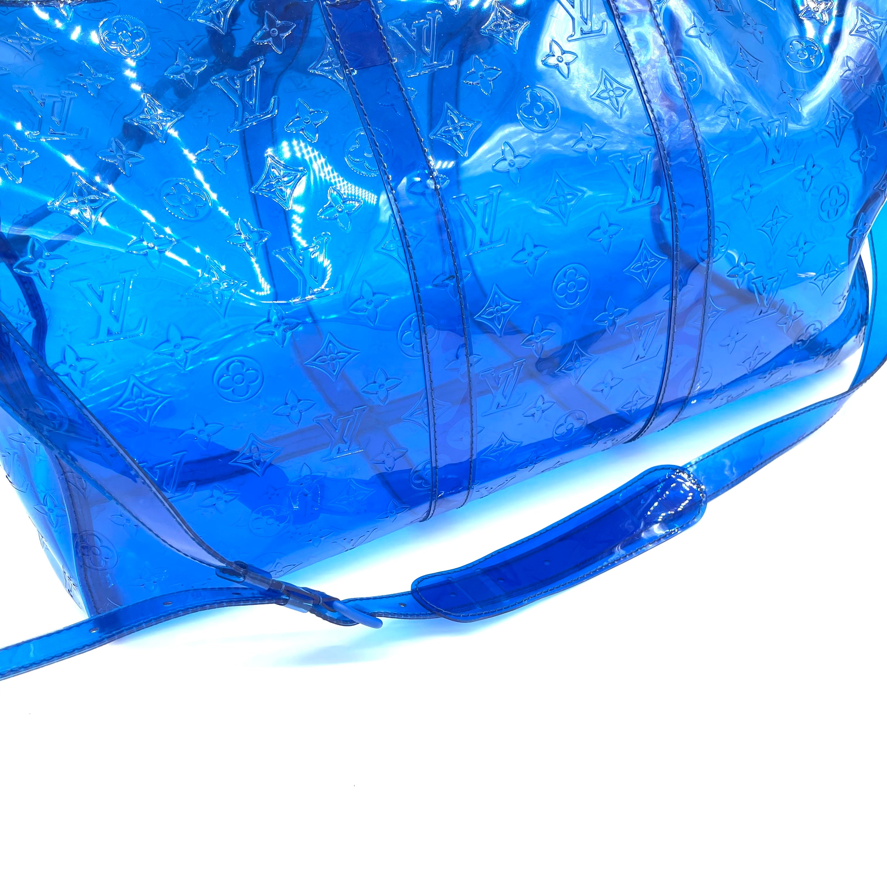 Louis Vuitton Keepall Bandouliere 50 Blue PVC Monogram Weekend Duffle  Travel Bag