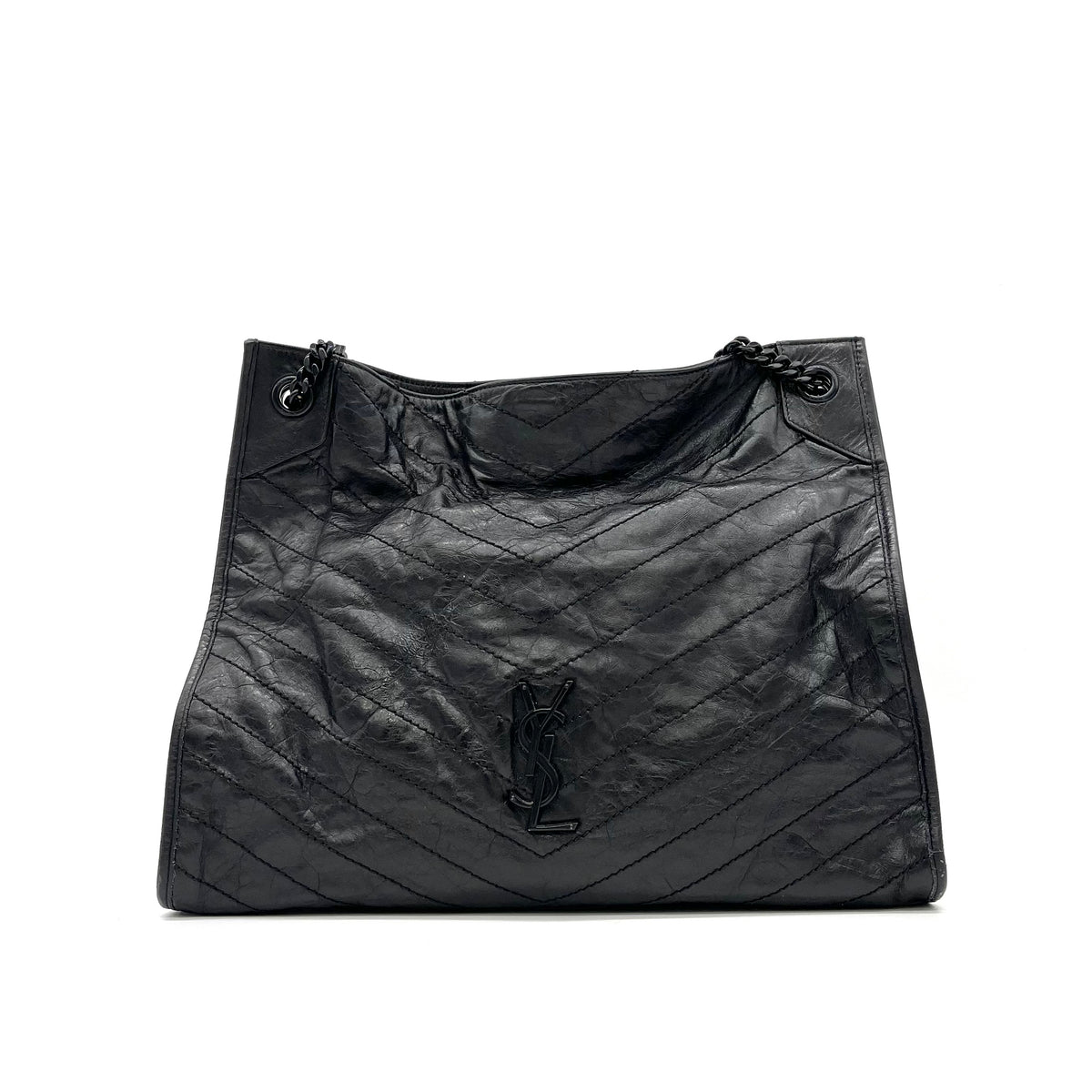 Saint Laurent  Crinkled Calfskin Matelasse Monogram Large Niki Shopper Tote Black