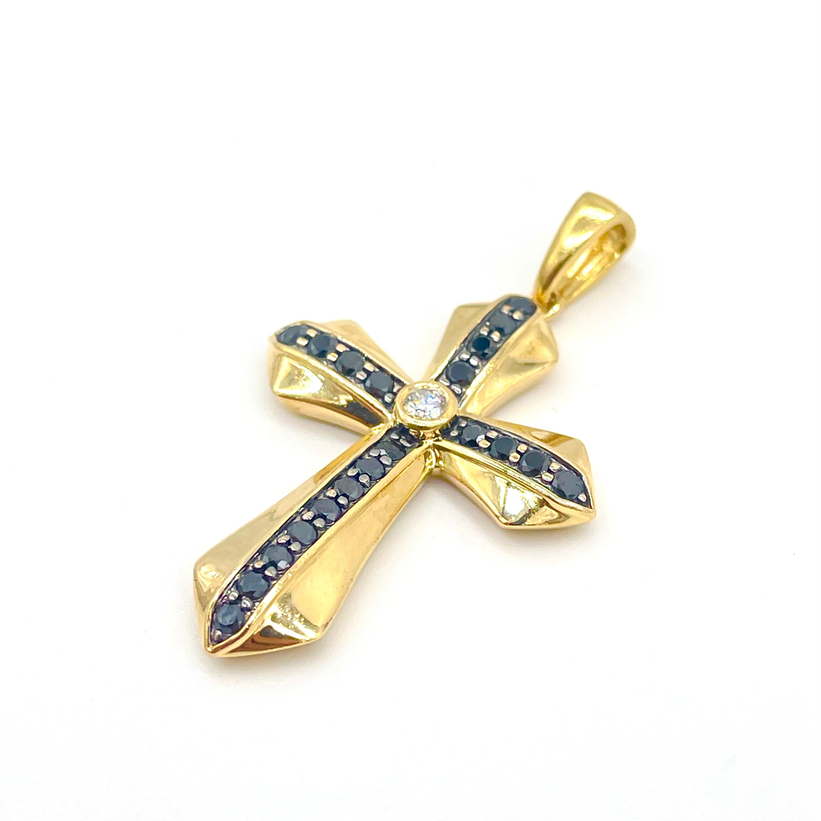 14k Yellow Gold Black & White Diamond Cross Pendant