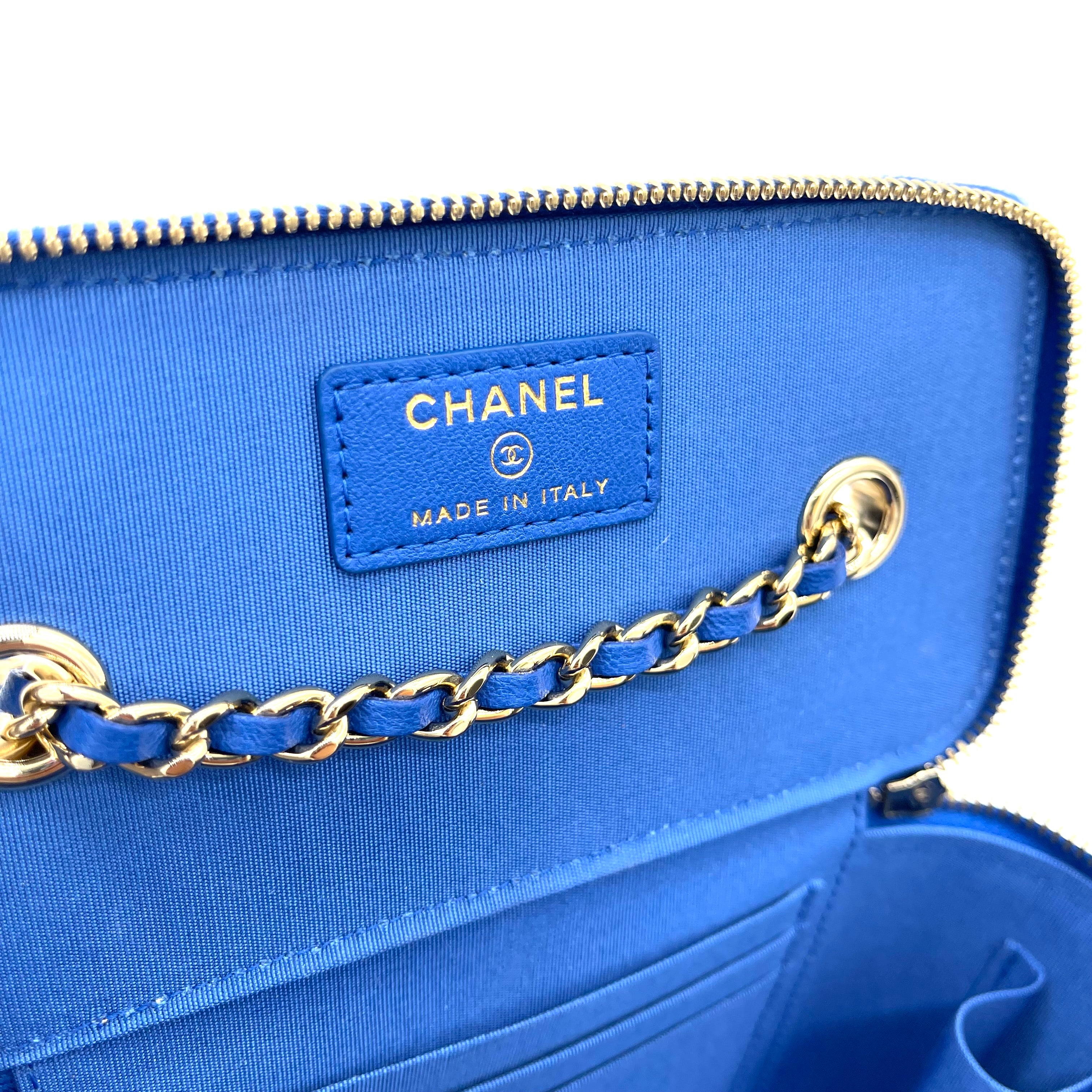 CHANEL Raffia Jute Striped Small Vanity Case With Chain Blue Beige