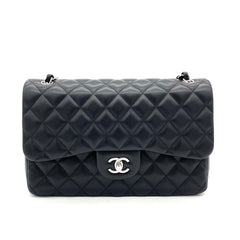 CHANEL Lambskin Quilted Jumbo Double Flap Black and Silver 2017