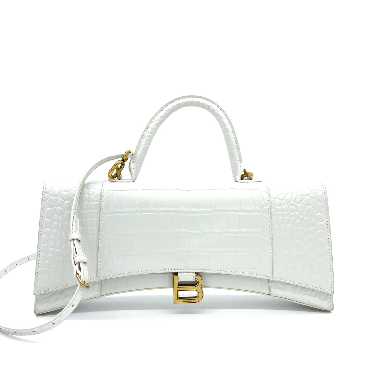 BALENCIAGA Hourglass Stretch Top Handle Bag Crocodile White