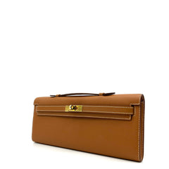 Hermes Gold Swift Leather Kelly Cut Clutch