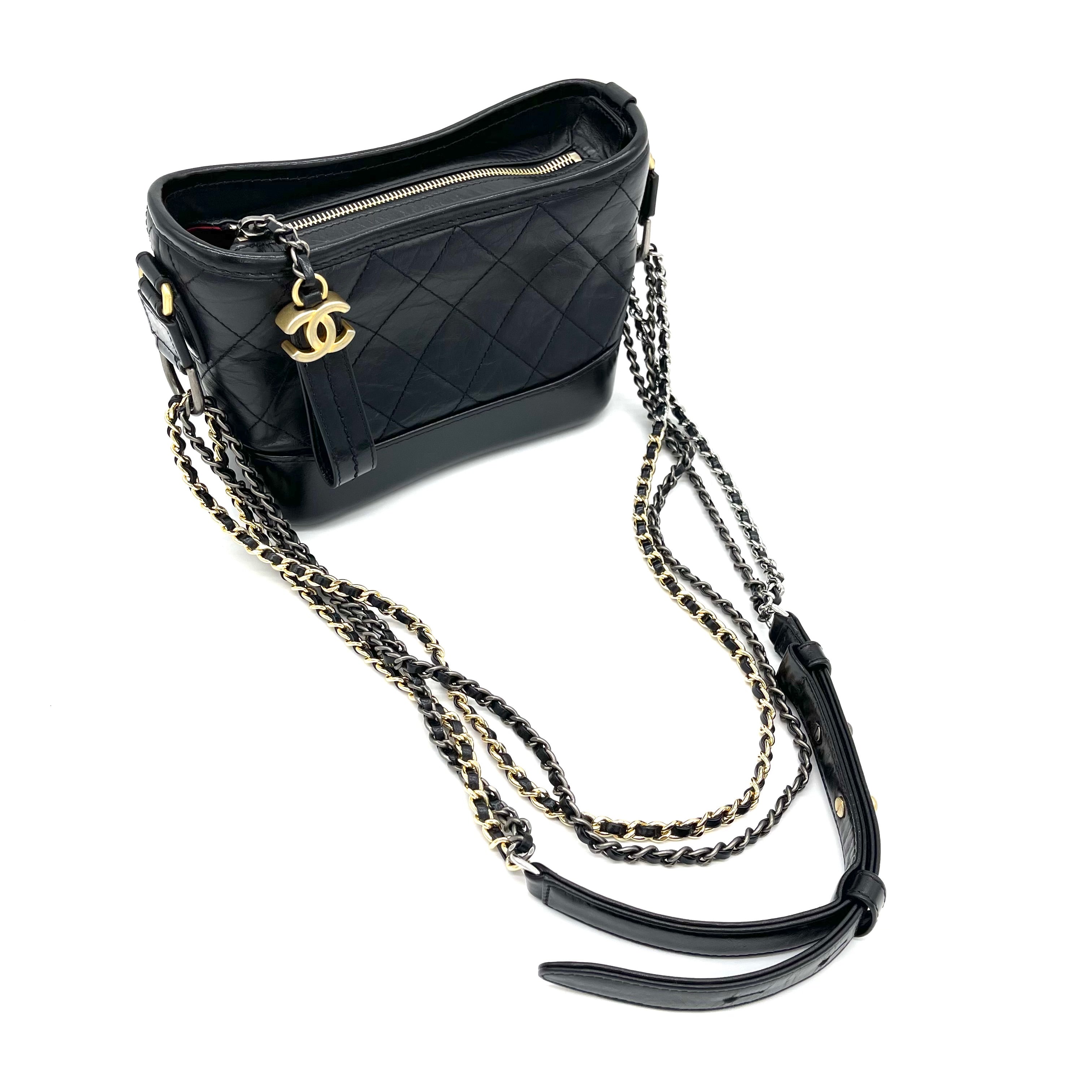 Chanel Gabrielle Hobo Bag Small Black/White in Calfskin with  Silver/Gold-Tone - US