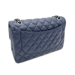 CHANEL Lambskin Quilted Jumbo Double Flap in Navy and Silver
