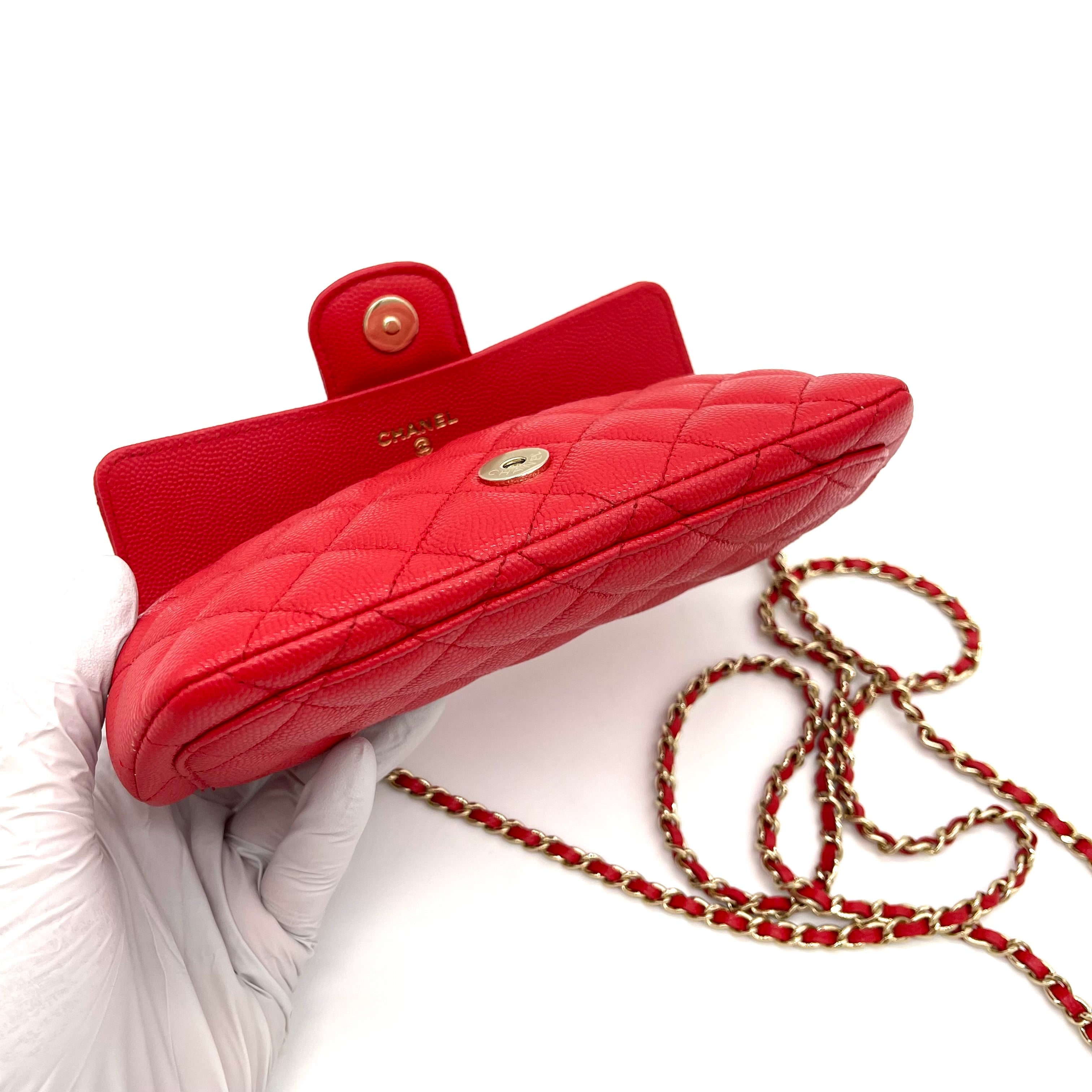 CHANEL Caviar Quilted Glasses Case With Chain Red