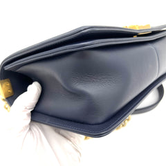 CHANEL 2017 Navy Mixed Leather Patchwork Chevron Medium Boy Bag