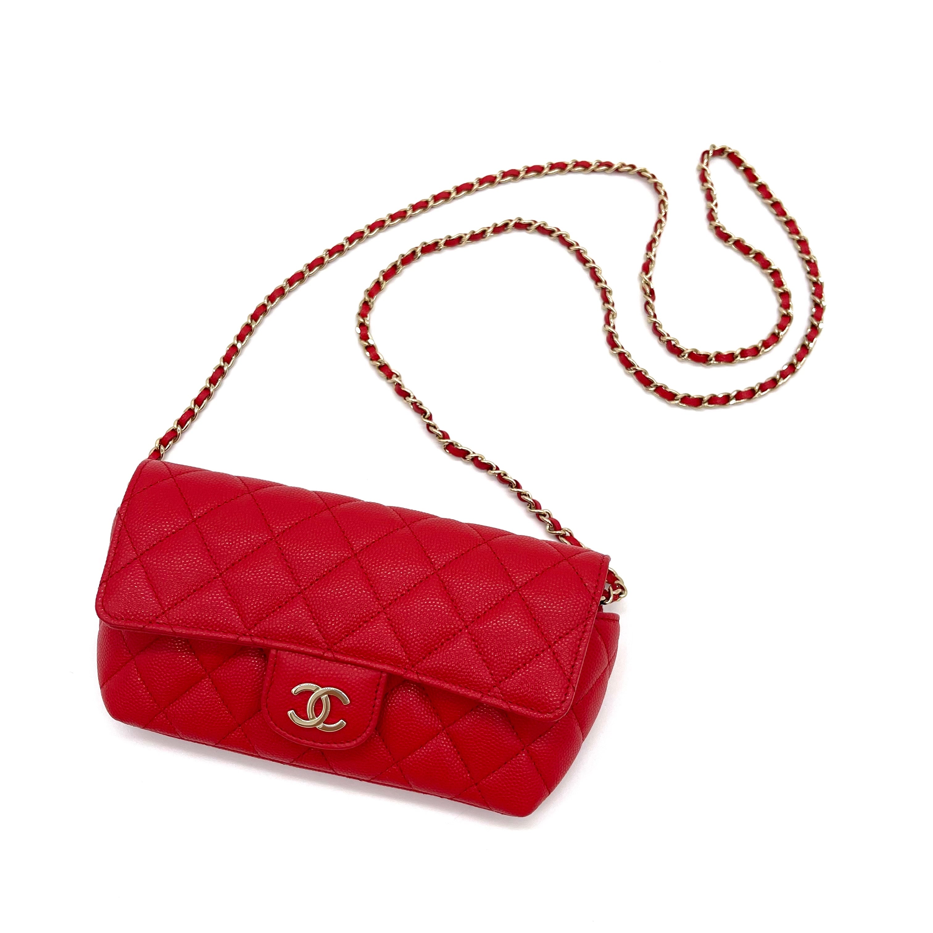 CHANEL Caviar Quilted Glasses Case With Chain Red –