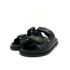 Chanel  Lambskin Quilted Velcro Dad Chain CC Slide Sandals 36 Black