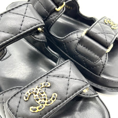 Chanel  Lambskin Quilted Velcro Dad Chain CC Slide Sandals 36 Black