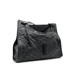 Saint Laurent  Crinkled Calfskin Matelasse Monogram Large Niki Shopper Tote Black