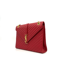 Saint Laurent  Grain De Poudre Matelasse Chevron Large Monogram Satchel Lipstick Red 2013