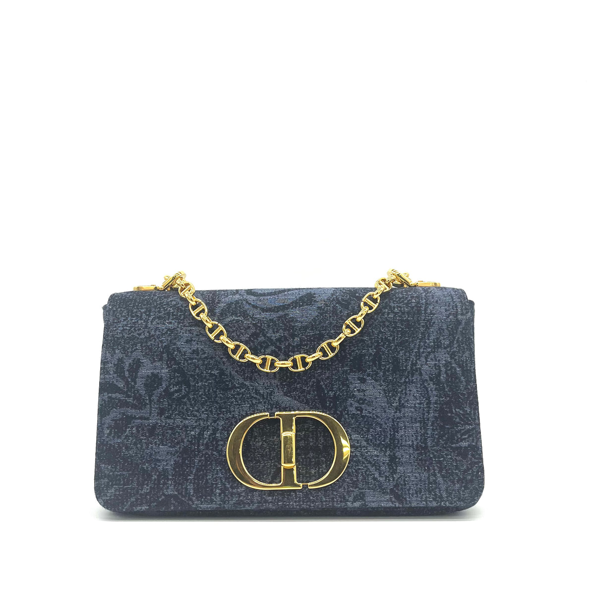 CHRISTIAN DIOR Navy Floral Denim Medium Caro Chain Bag