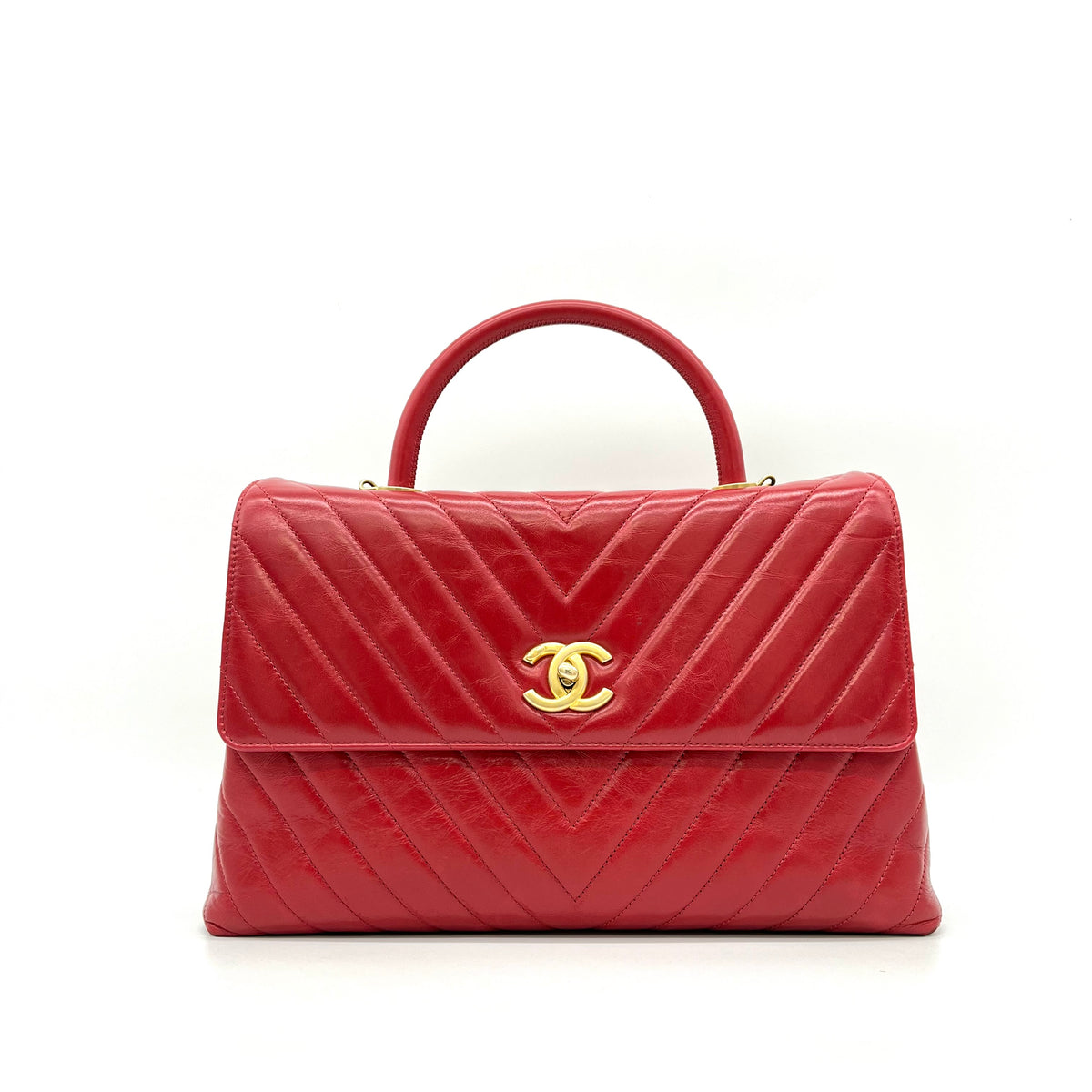 Chanel  Calfskin Chevron Quilted Large Coco Handle Flap Red 2017