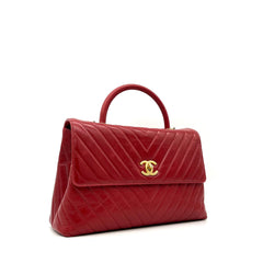 Chanel  Calfskin Chevron Quilted Large Coco Handle Flap Red 2017