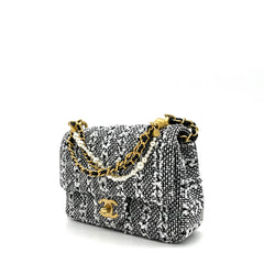 Chanel Mini Square Pearl Flap Bag Black and White Sequin Tweed Brushed Gold Hardware